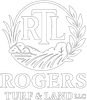 Rogers Turf & Land LLC logo with RL monogram, laurel wreath, and landscape lines