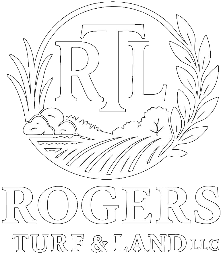Rogers Turf & Land LLC logo with RL monogram, laurel wreath, and landscape lines