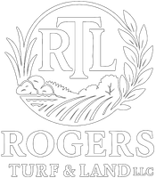 Rogers Turf & Land LLC logo with RL monogram, laurel wreath, and landscape lines