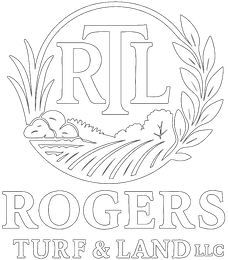Rogers Turf & Land LLC logo with RL monogram, laurel wreath, and landscape lines