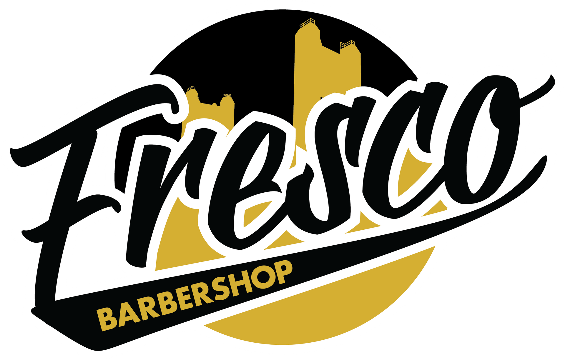 Logo for Fresco Barbershop featuring a barber pole and text 