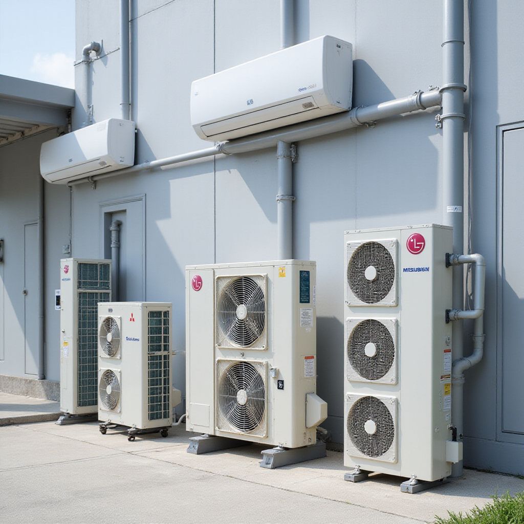 Exterior view of air conditioning units against a building, with multiple wall-mounted and ground-standing components.