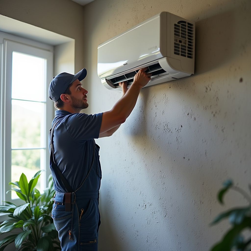 HVAC technician adjusting an air conditioner mounted on a beige wall indoors near a window.