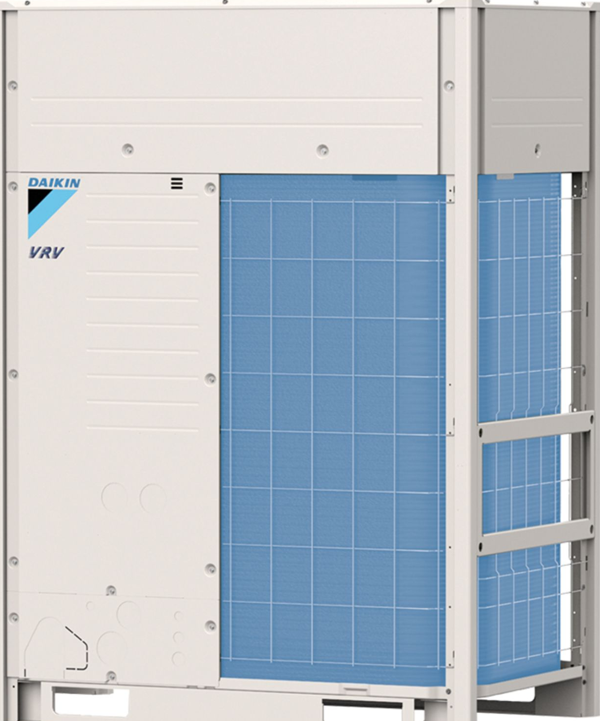 White Daikin VRV outdoor HVAC unit with a blue cooling coil.