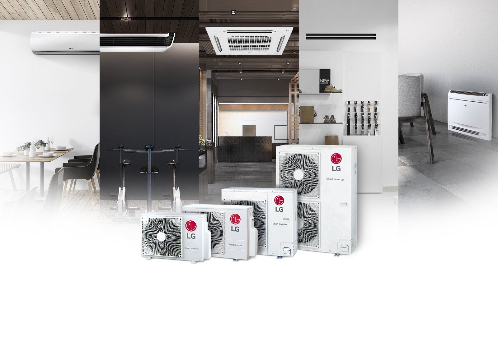 LG air conditioning systems and indoor units in various settings with white and dark backgrounds.
