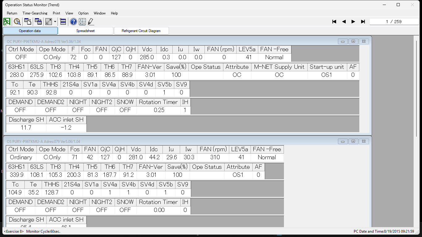 Mitsubishi maintenance tool outside unit sensors and LEV view