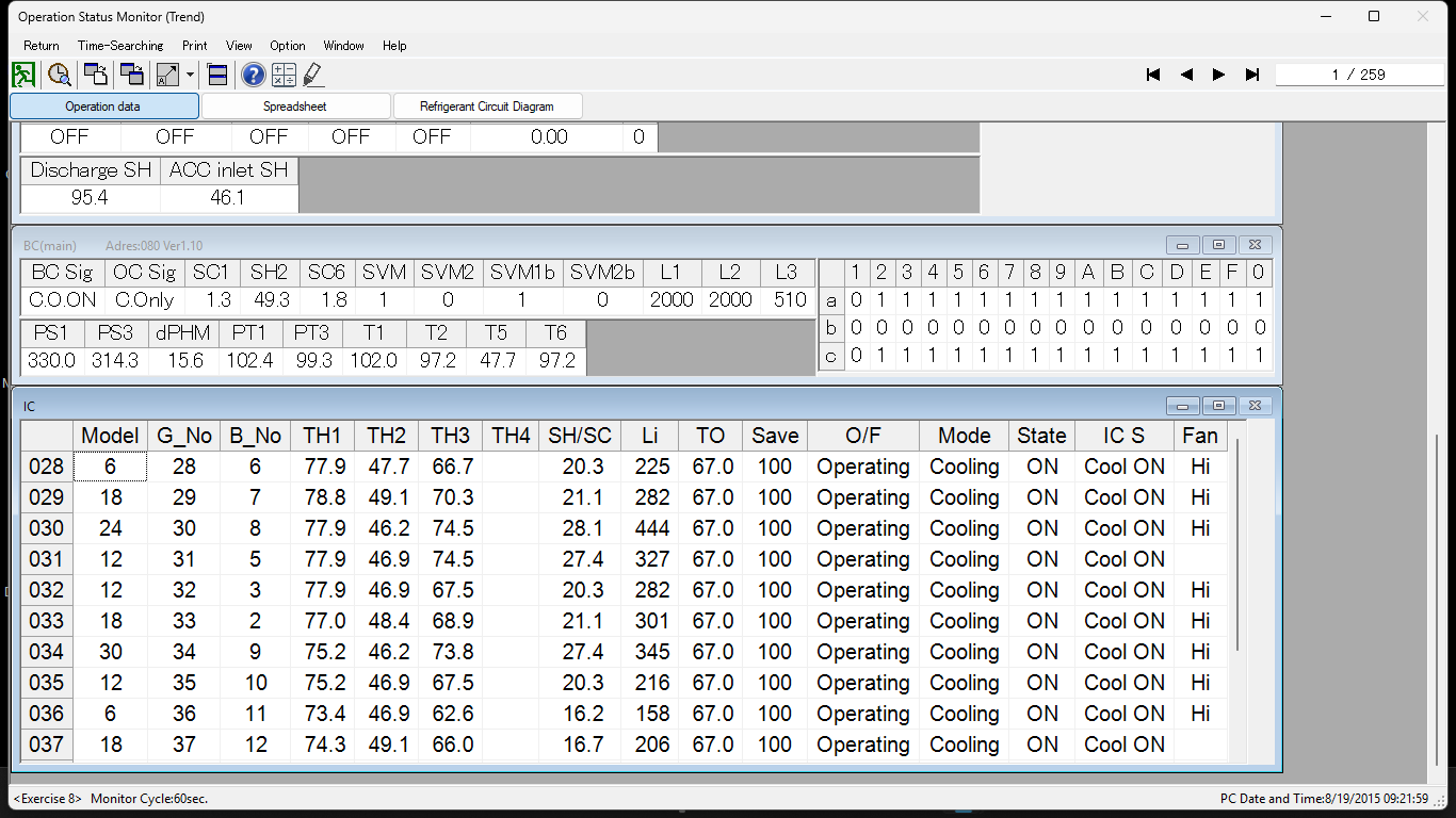 Mitsubishi maintenance tool inside unit sensors view