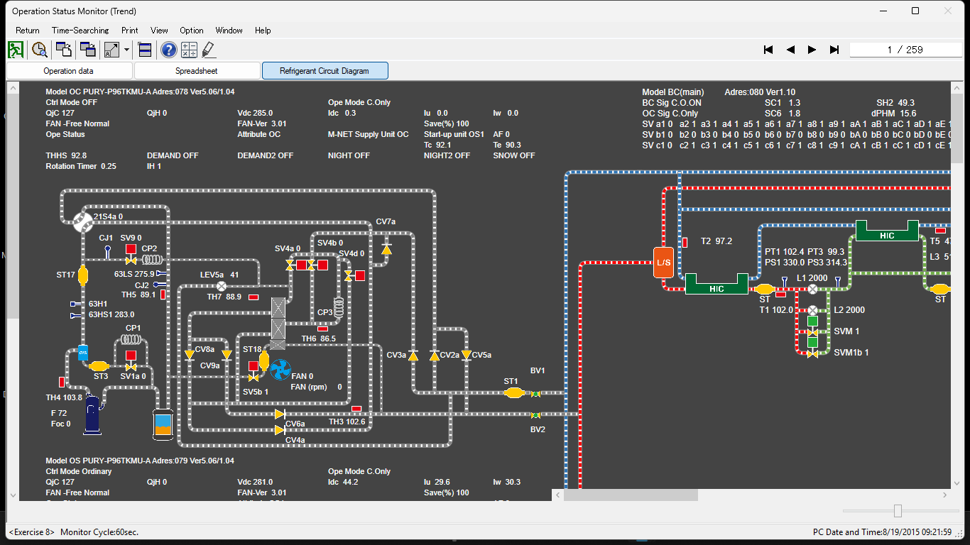 Mitsubishi maintenance tool main unit refrigerant flow diagram view