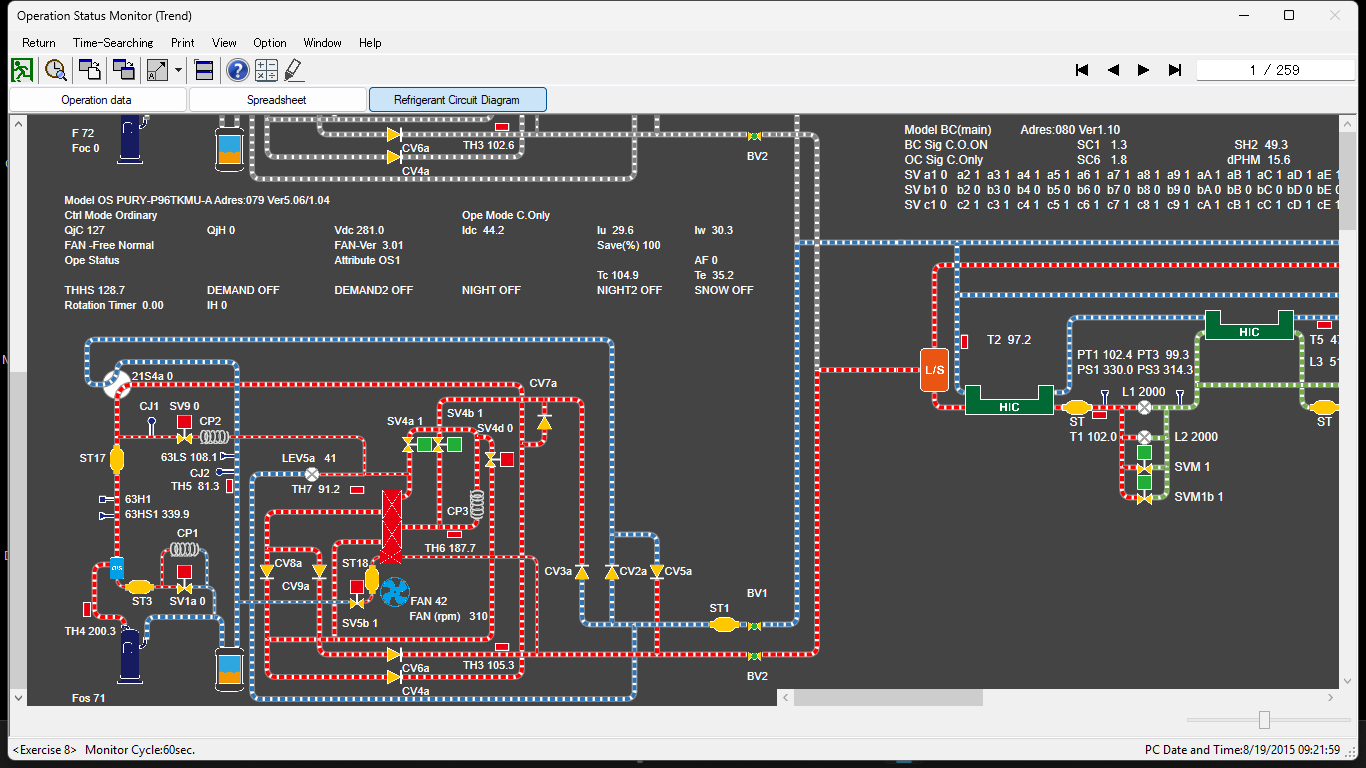 Mitsubishi maintenance tool sub unit refrigerant flow diagram view