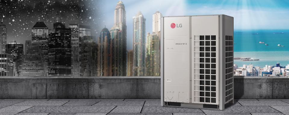An LG air conditioning unit on a rooftop with a city skyline in the background, transitioning from night to day.