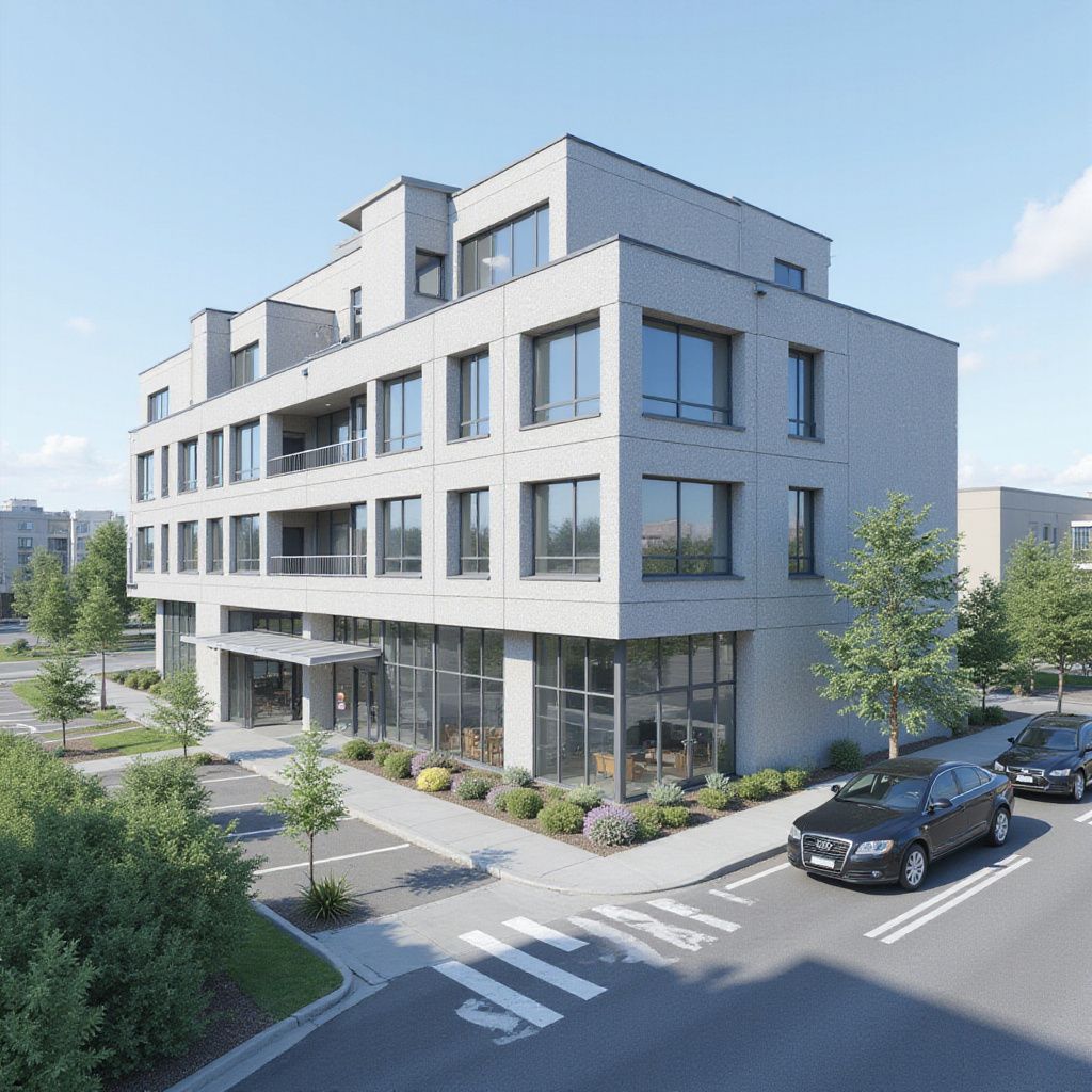 Modern gray building with large windows; cars parked on street in front.