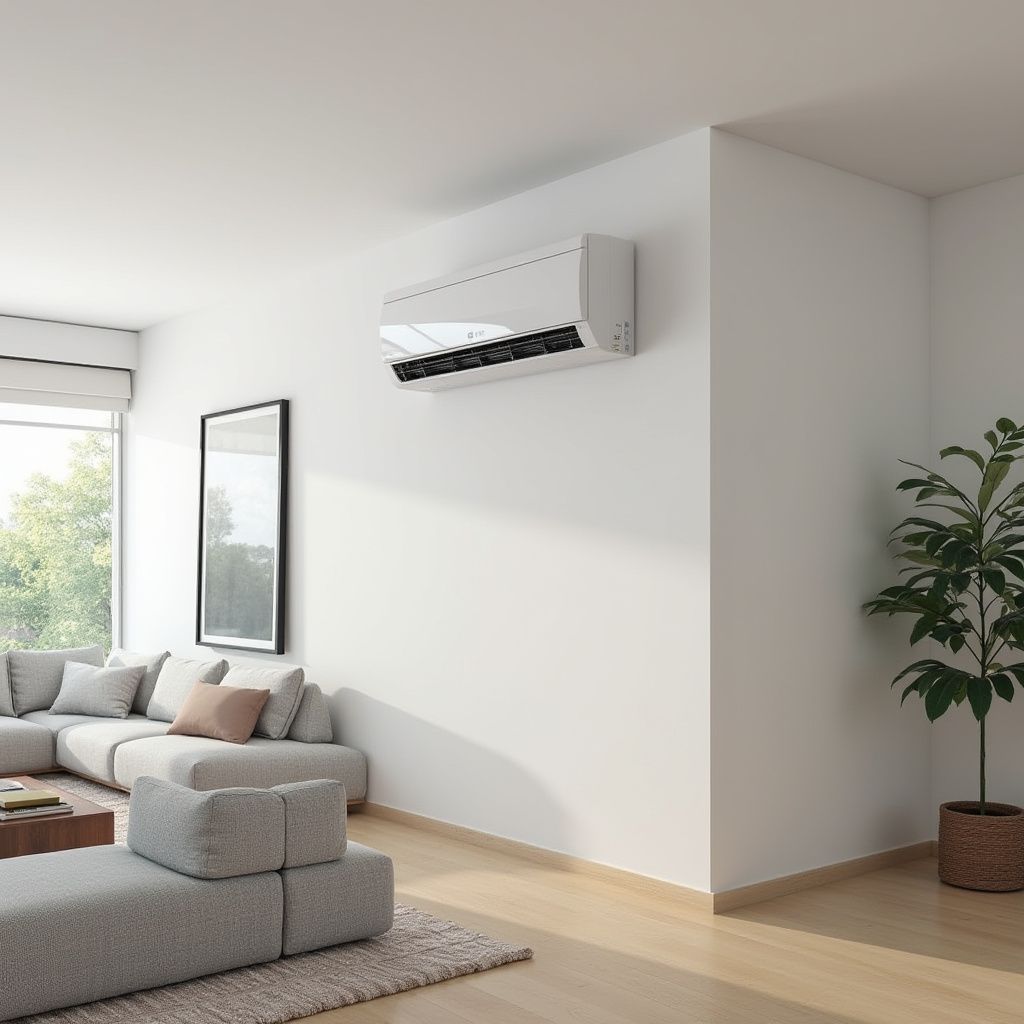 Modern white air conditioner on white wall in a bright, minimalist living room with wood floors and a sectional sofa.