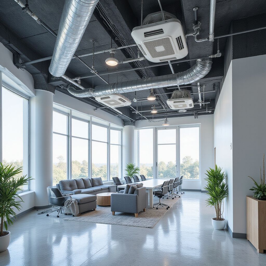 Modern office meeting room with tall windows, gray furniture, and exposed ceiling ventilation.