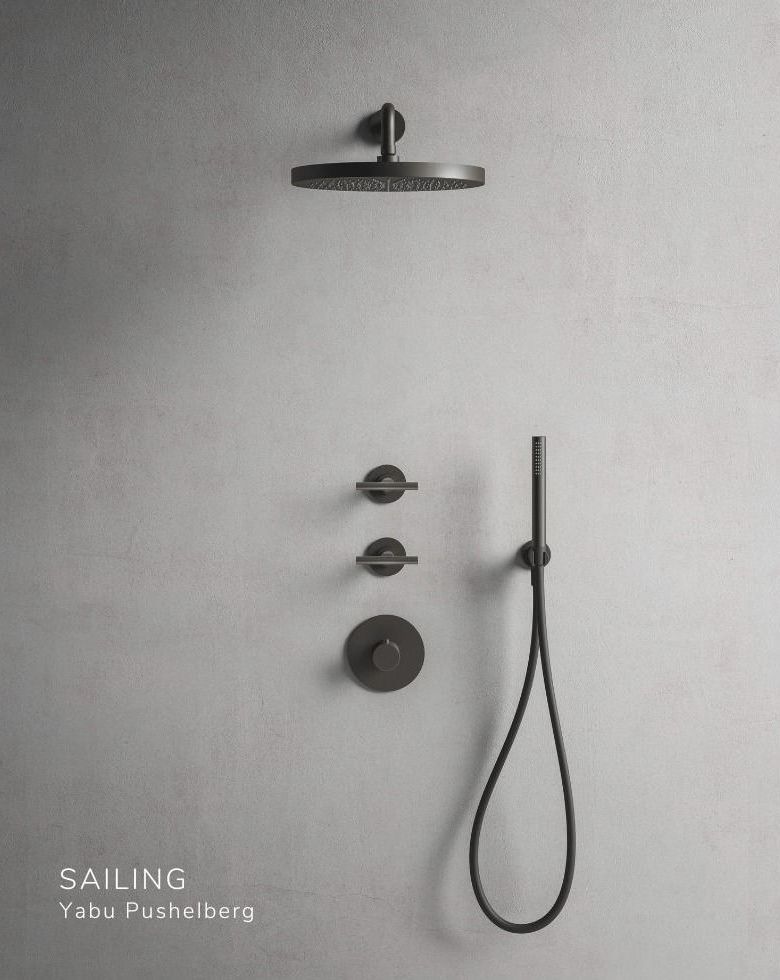 Mitigeur douche thermostatique SAILING FANTINI,
Finition métal gun,
Designer Yabu Pushelberg,
Robinetterie encastrée, douche à l'italienne