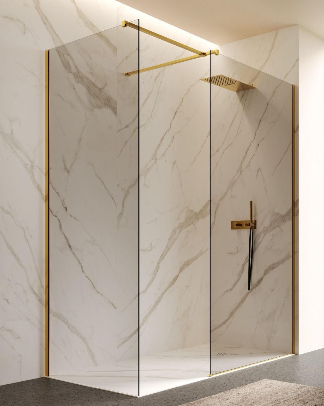 Receveur de douche extra plat Disenia, cabine de douche ouverte, robinetterie de douche doré encastrée, salle de bain lumineuse, carrelage marbre beige