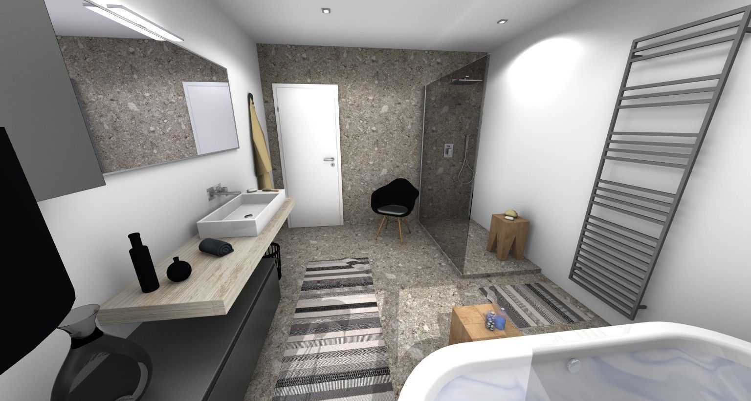 Une salle de bain avec baignoire, lavabo, miroir et porte-serviettes