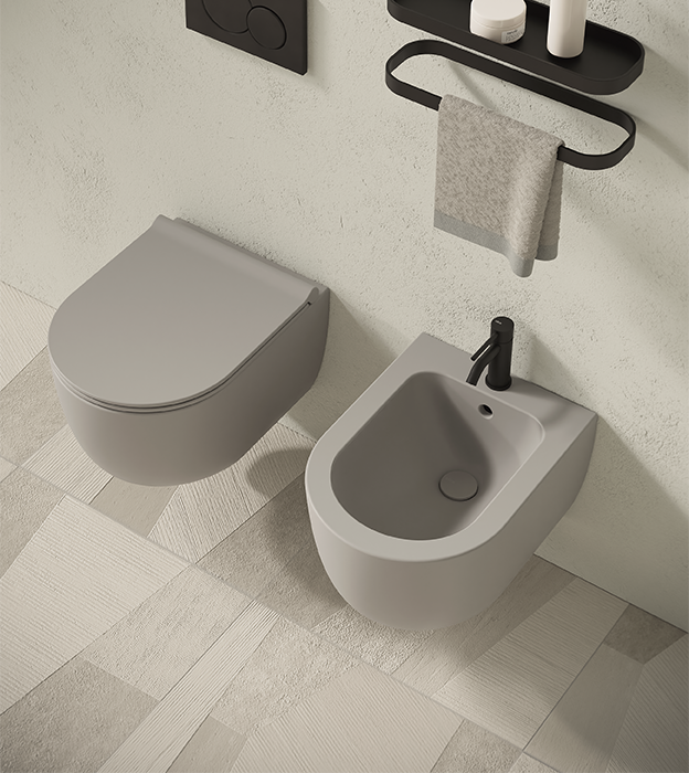 WC  et bidet suspendu compact Unica 50 Alice Ceramica.
Cuvette de WC et bidet en  couleur gris clair.

