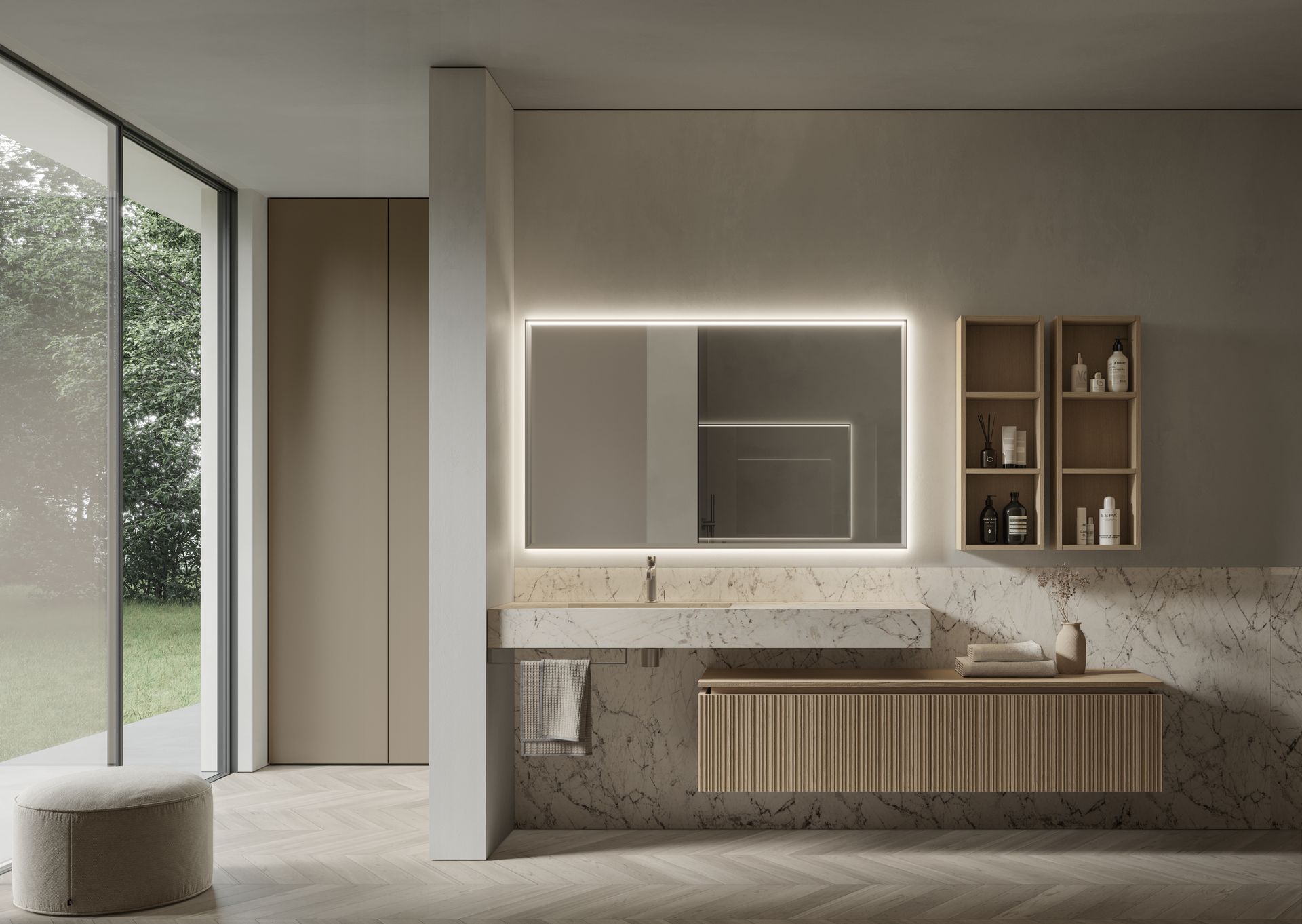 MEUBLE DE SALLE DE BAIN VIA CONDOTTI IDEAGROUP
Meuble de salle de bain design en bois épuré.
Plan vasque en grès suspendu
Miroir rétroéclairé
Meuble Ideagroup Viacondotti, plan de toilette vasque intégrée en grès Fusion white.