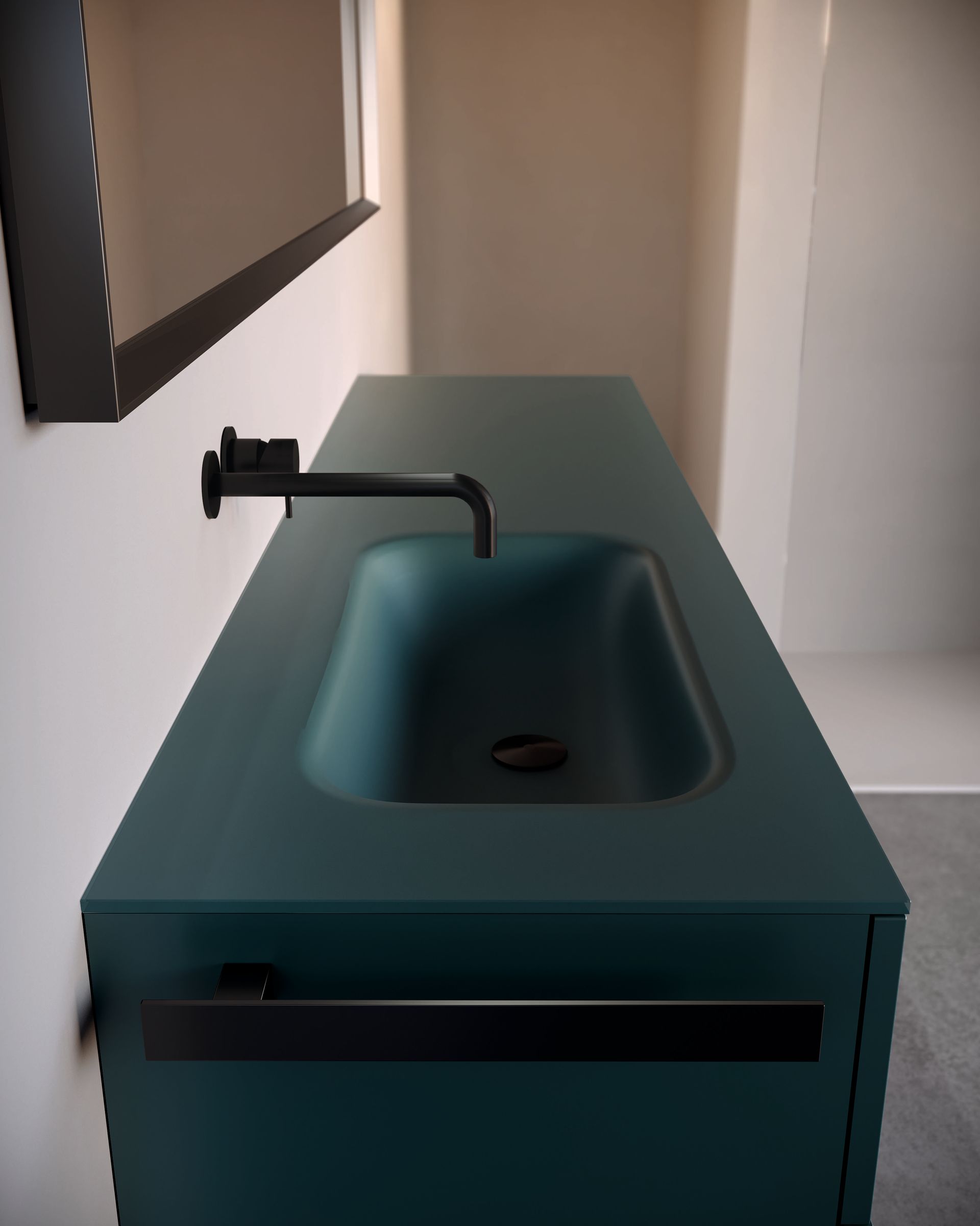 Meuble salle de bain couleur, laqué mat, plan vasque moulée en verre sablé de couleur, IDEAGROUP.