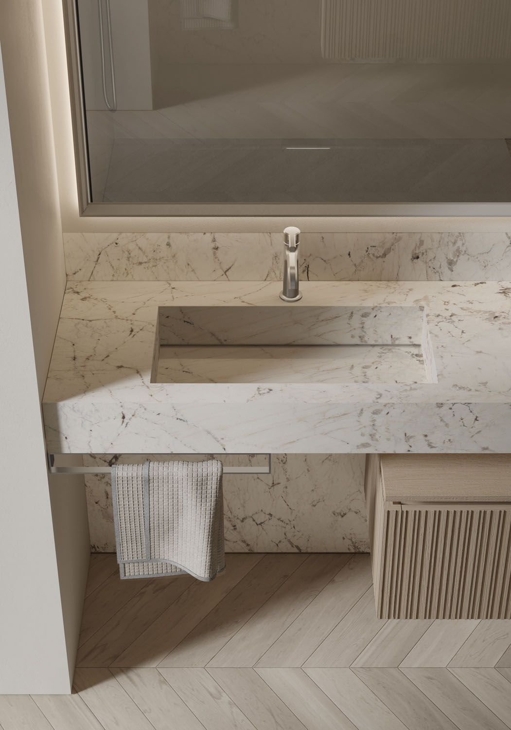 Plan de toilette en grès Laminam Fusion white, IDEAGROUP
Miroir de salle de bain rétroéclairé
Meuble de salle de bain design