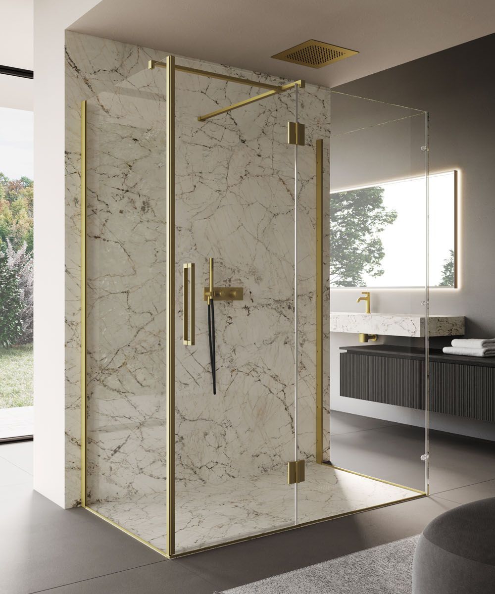 Cabine de douche Easy de Disenia, profilé doré, verre transparant.
Cabine de douche italienne,
Cabine de douche 3 côtés