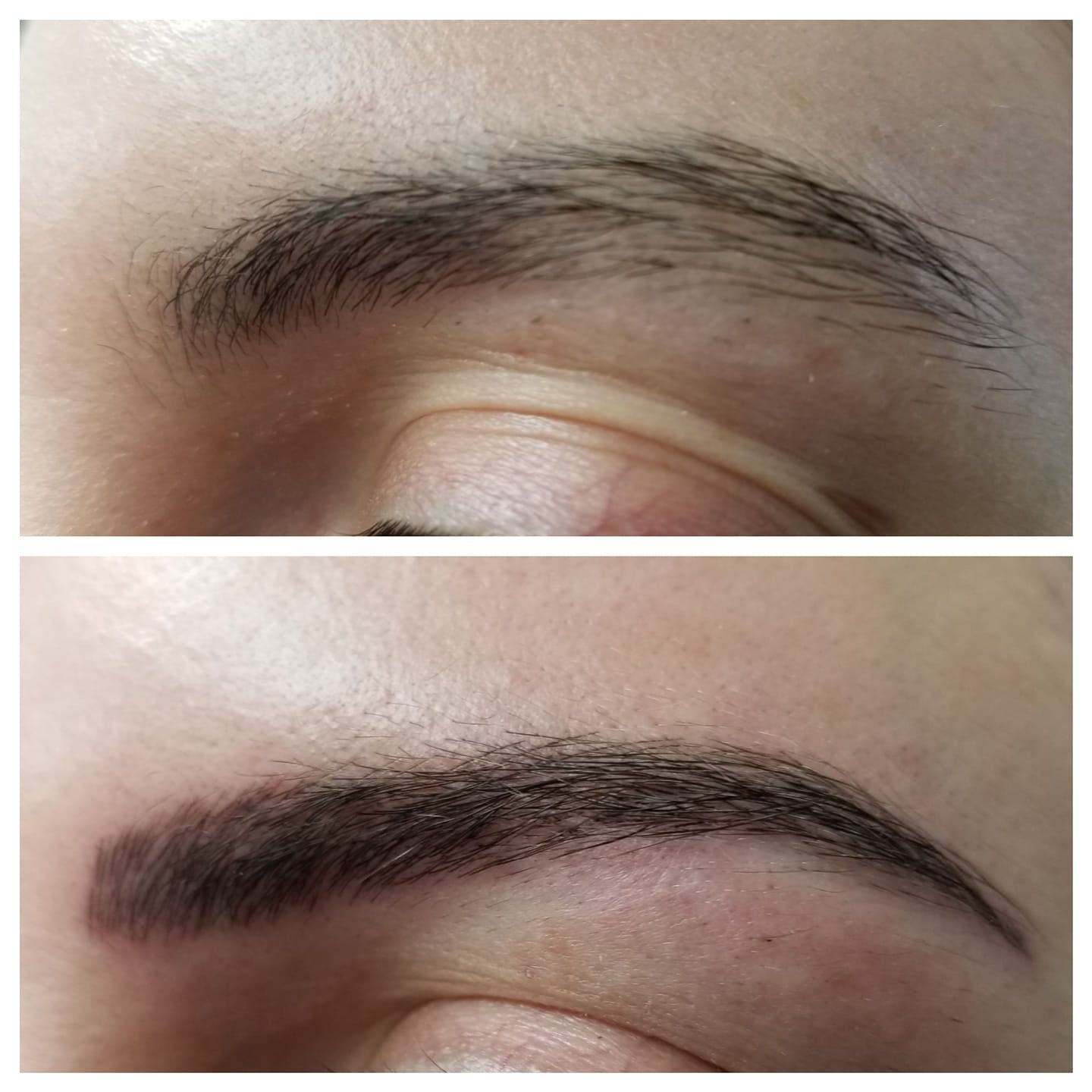A before and after picture of a woman 's eyebrows.