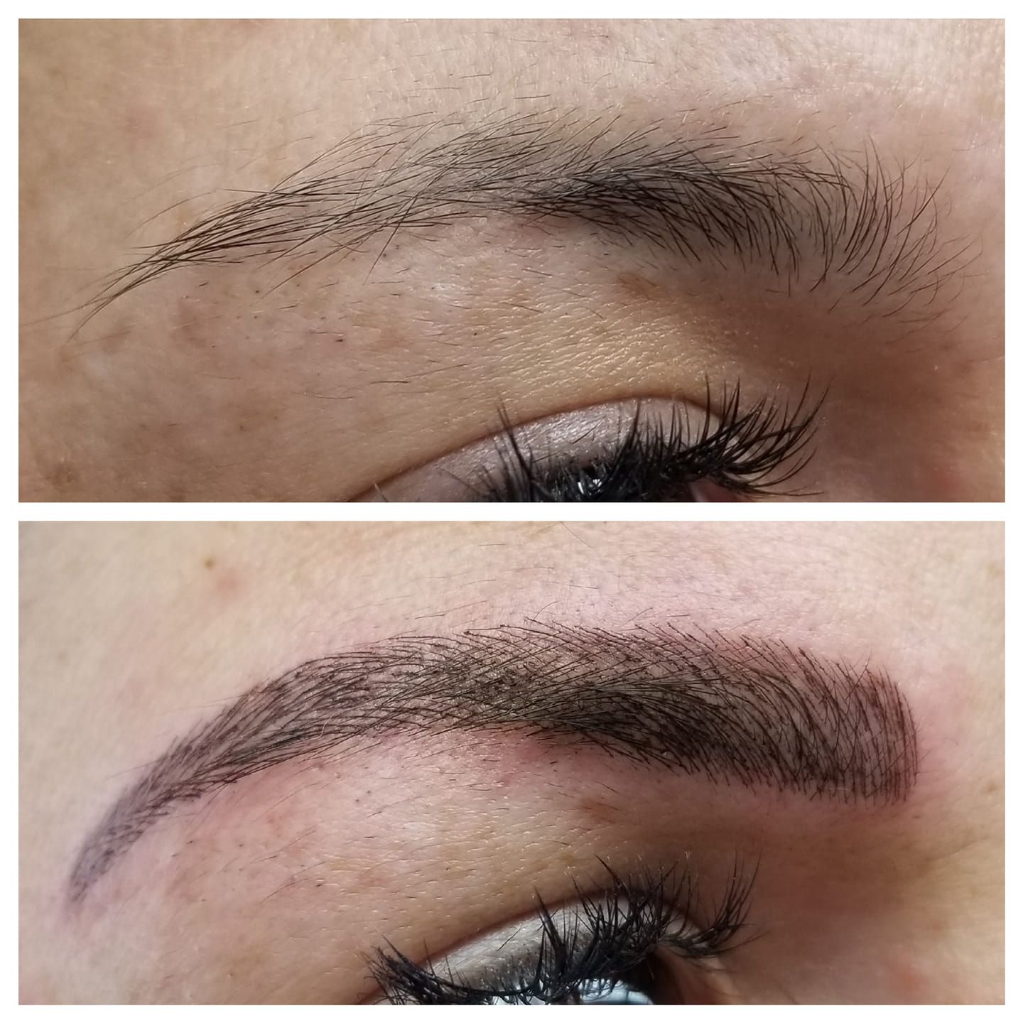 A before and after picture of a woman 's eyebrows.