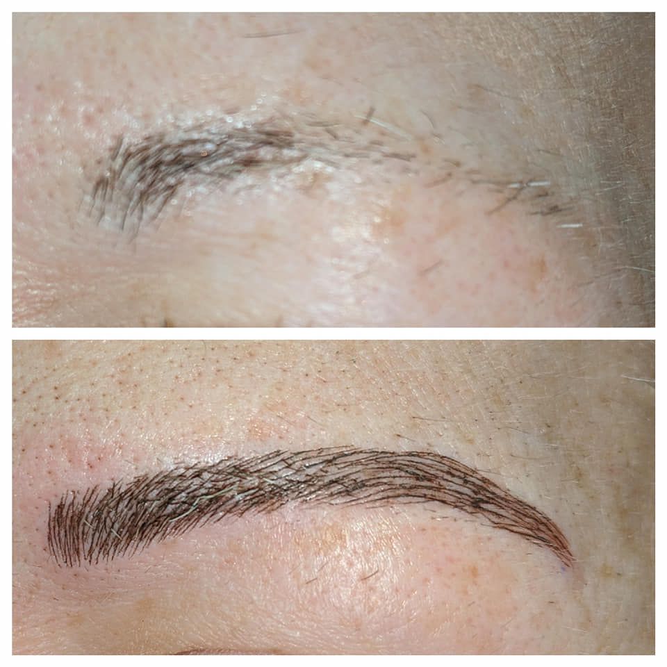 A before and after picture of a woman 's eyebrows.