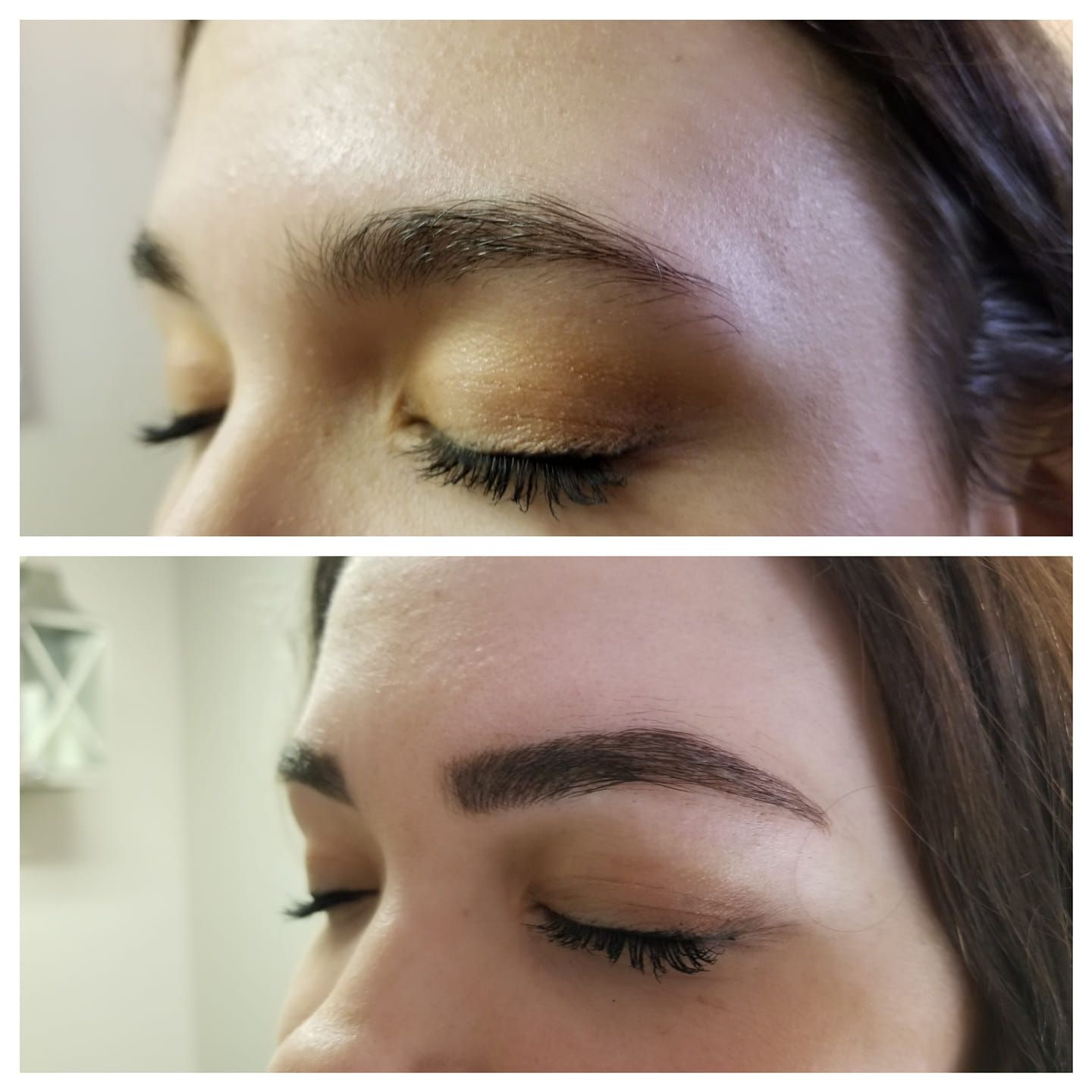 A before and after photo of a woman 's eyebrows.