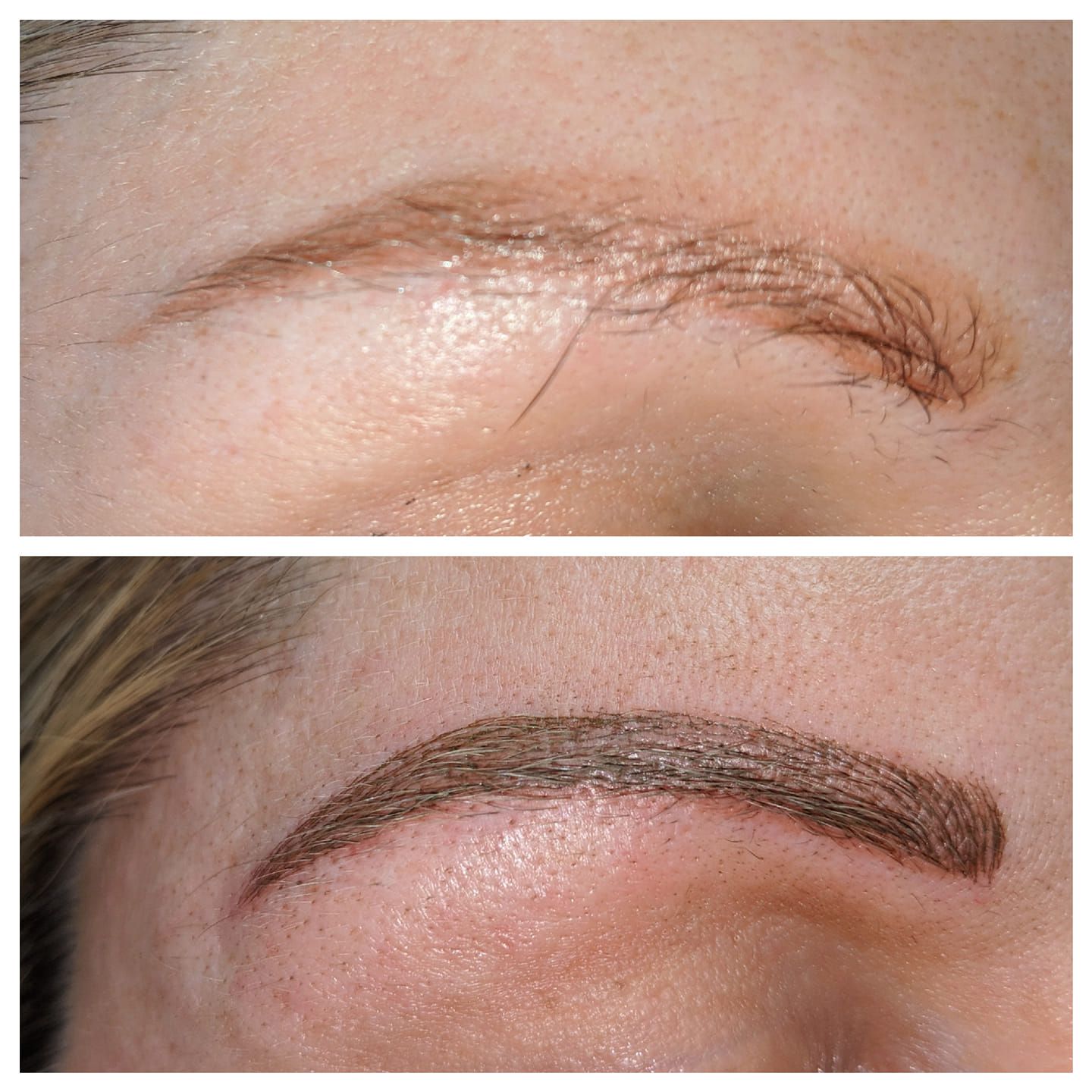 A before and after picture of a woman 's eyebrows.