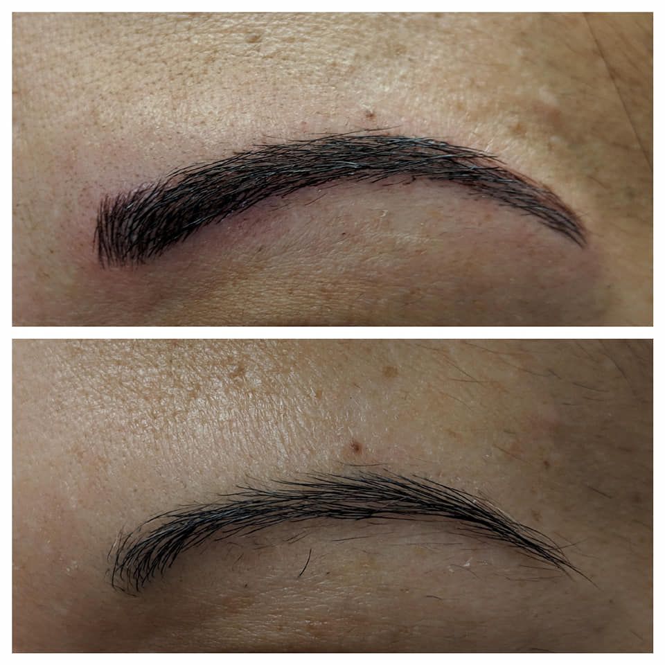 A before and after picture of a woman 's eyebrows.