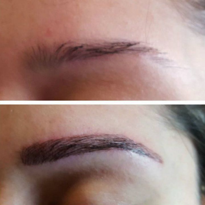 A before and after picture of a woman 's eyebrows.