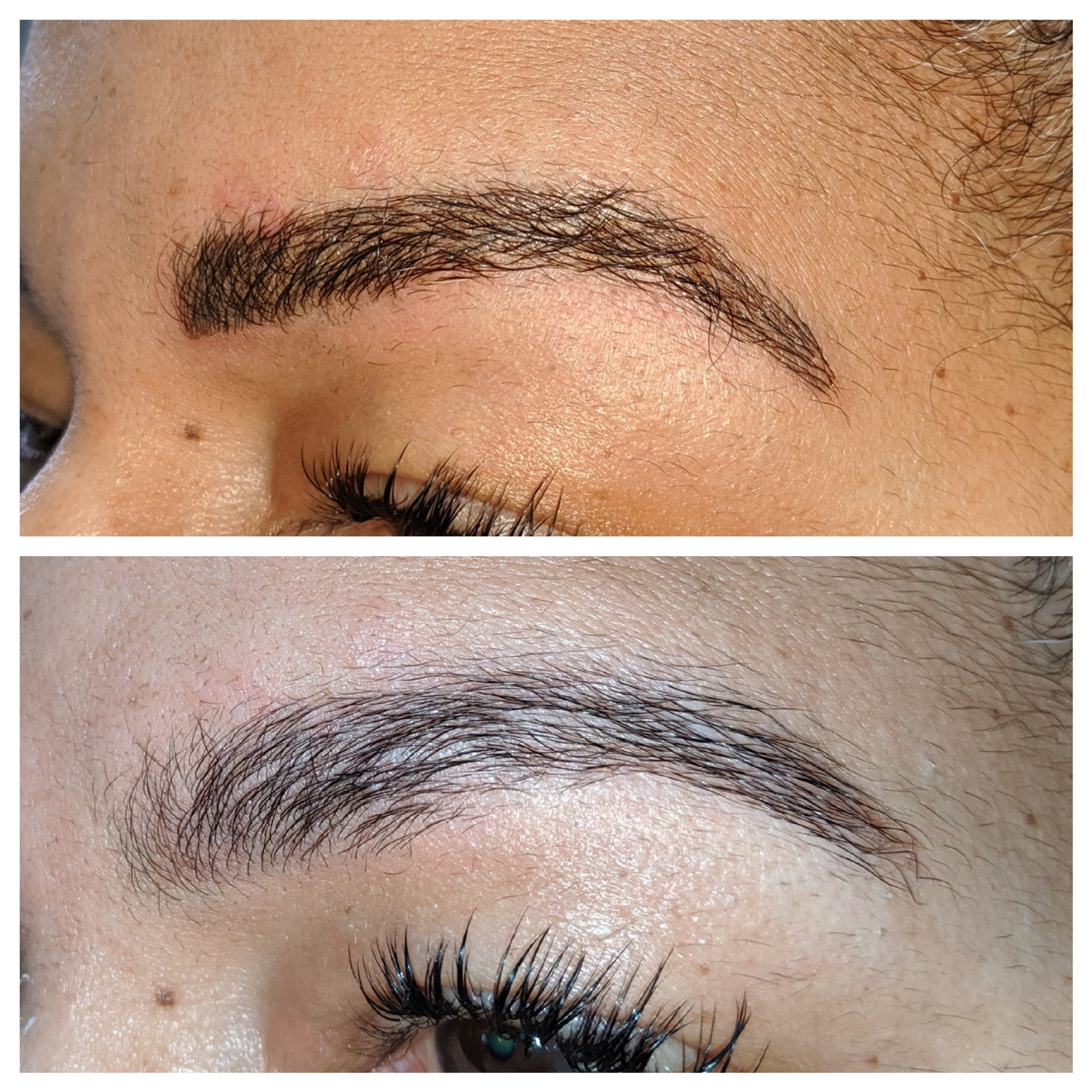 A before and after picture of a woman 's eyebrows.