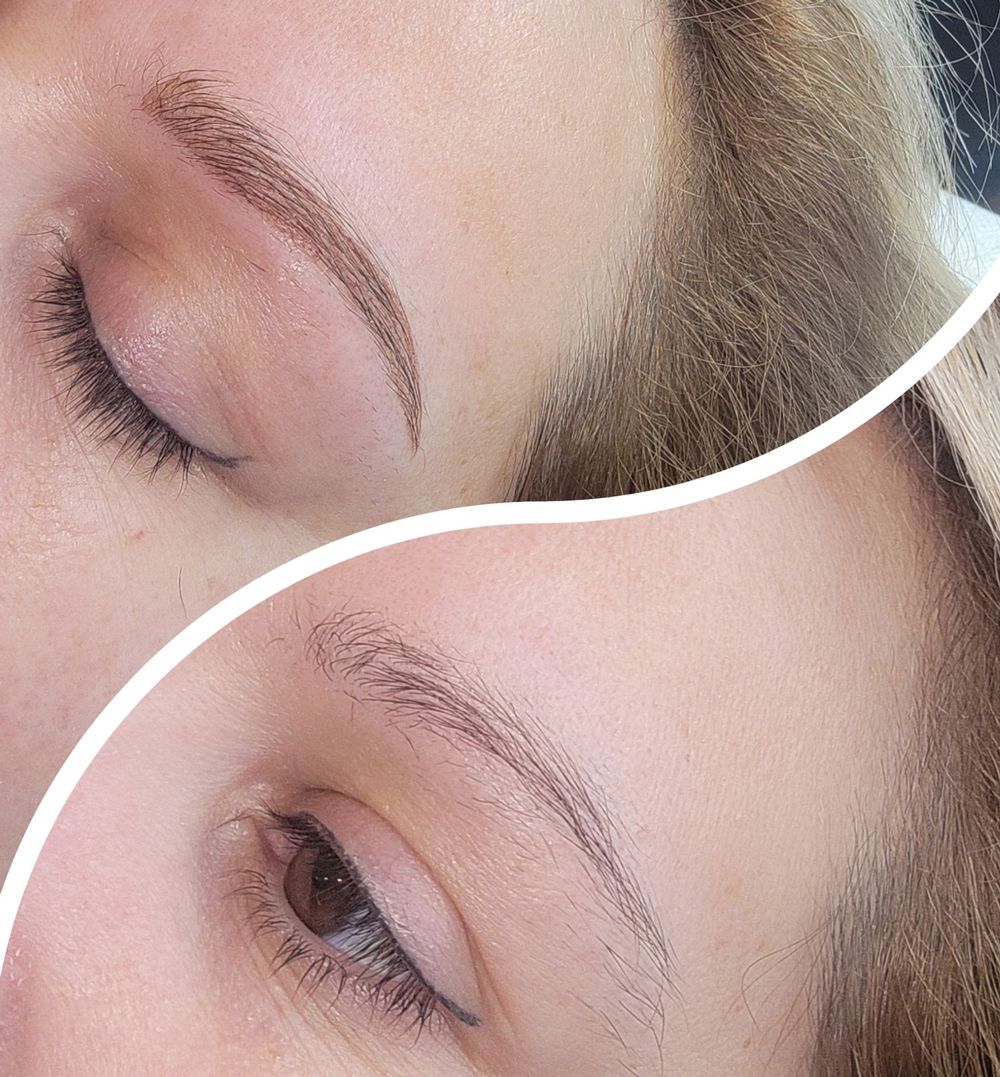 A before and after picture of a woman 's eyebrows.