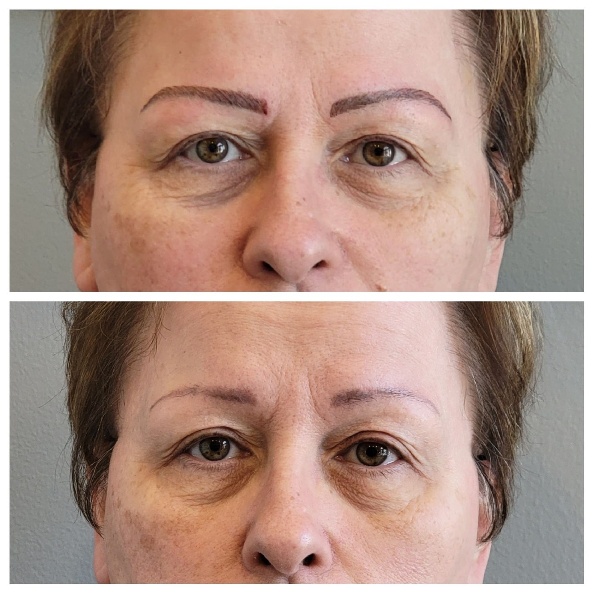 A before and after photo of a woman 's eyebrows.