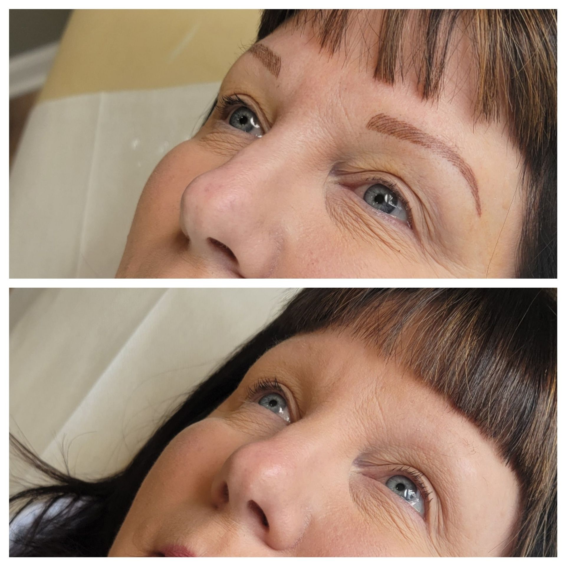 A before and after picture of a woman 's eyebrows