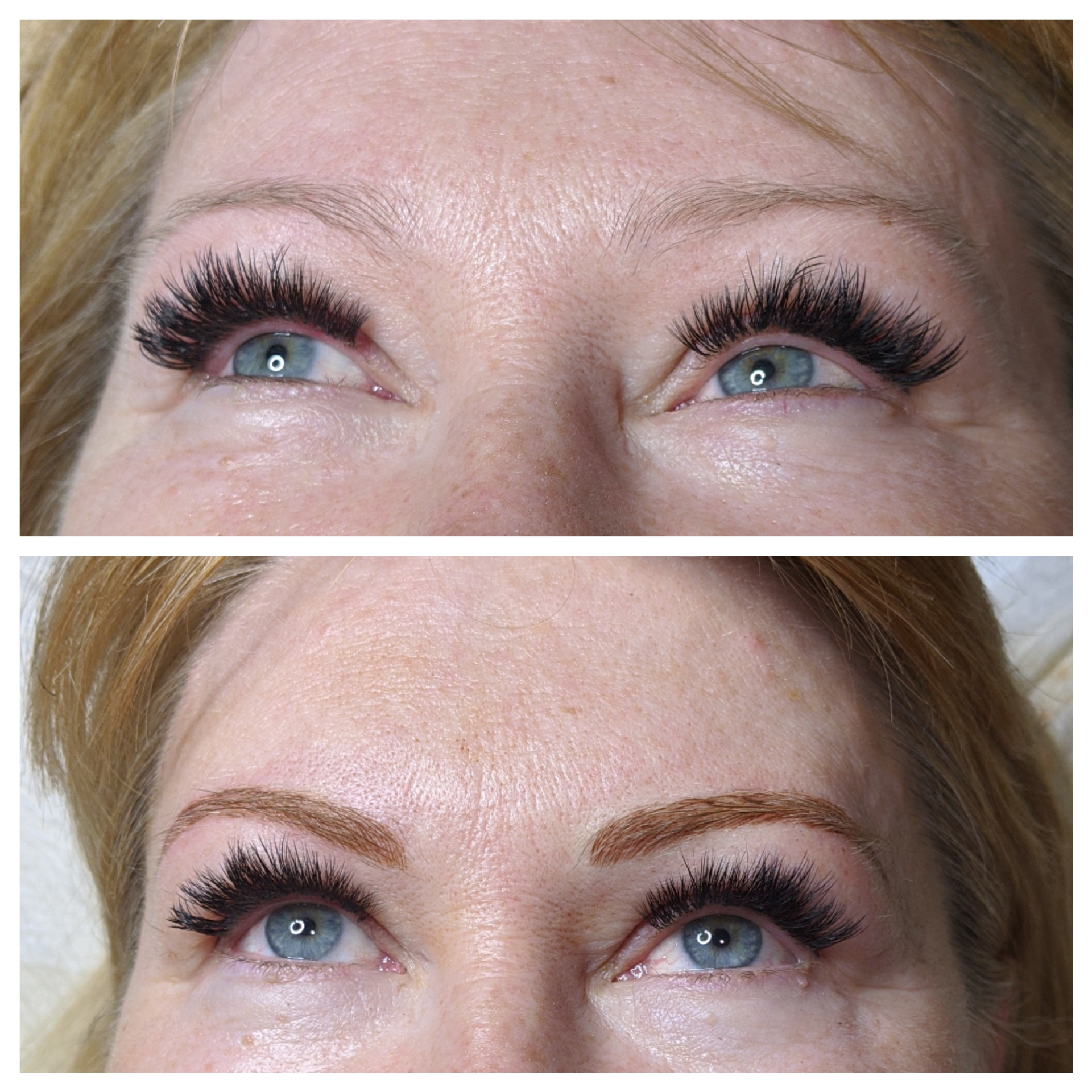 A before and after picture of a woman 's eyebrows