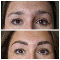 A before and after photo of a woman 's eyebrows.