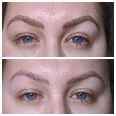 A before and after picture of a woman 's eyebrows.