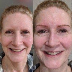 A before and after photo of a woman 's face with and without makeup.