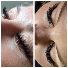 A before and after photo of a woman 's eyelashes.
