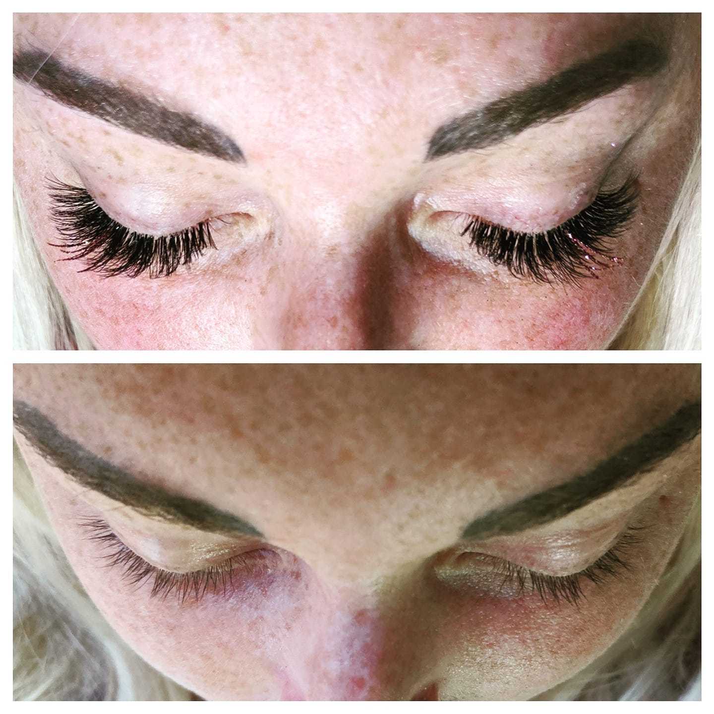 A close up of a woman 's eyelashes before and after extensions.