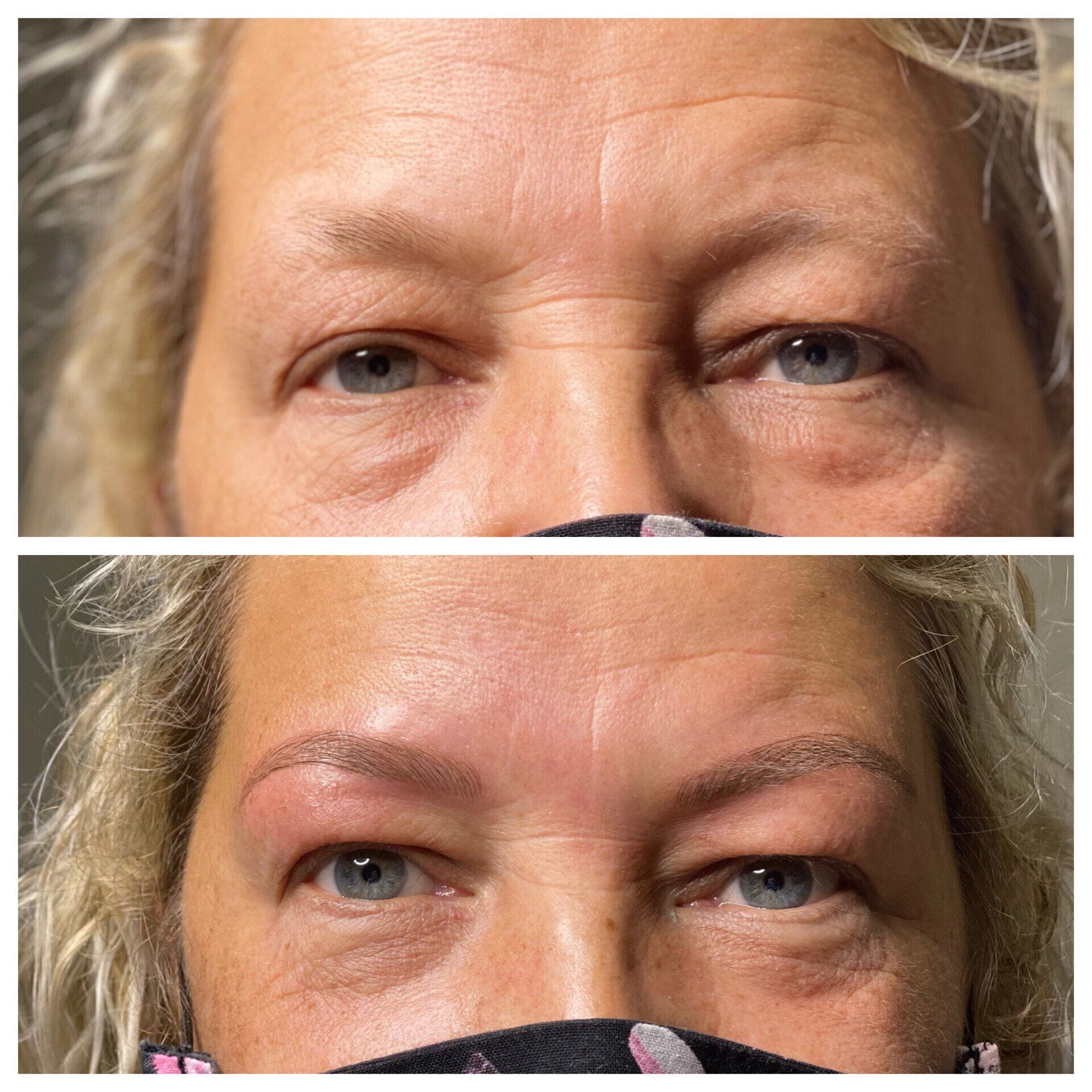 A before and after picture of a woman 's eyebrows.