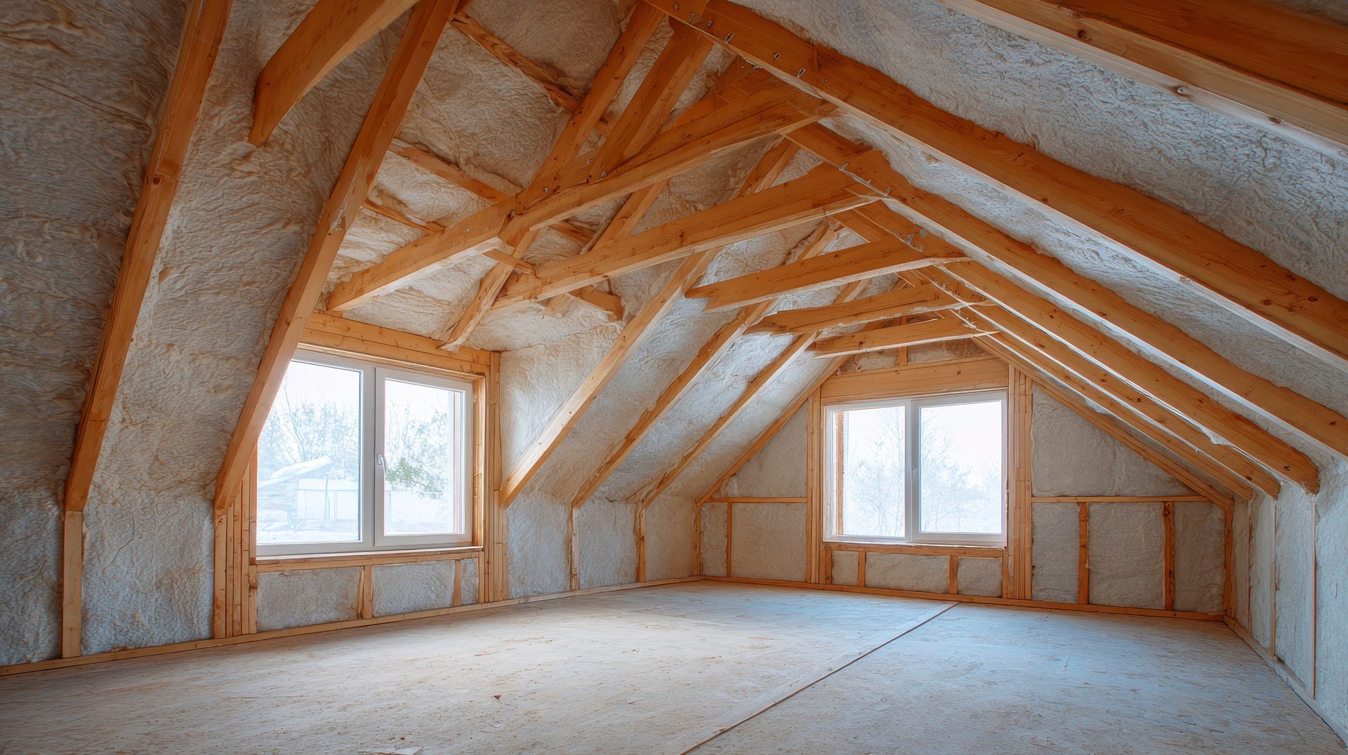 Intérieur d'un bâtiment en construction, charpente métallique et espace ouvert, échelles visibles près d'une fenêtre donnant sur la ville.