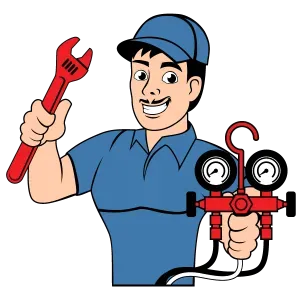 A cartoon of a man holding a wrench and a pressure gauge.
