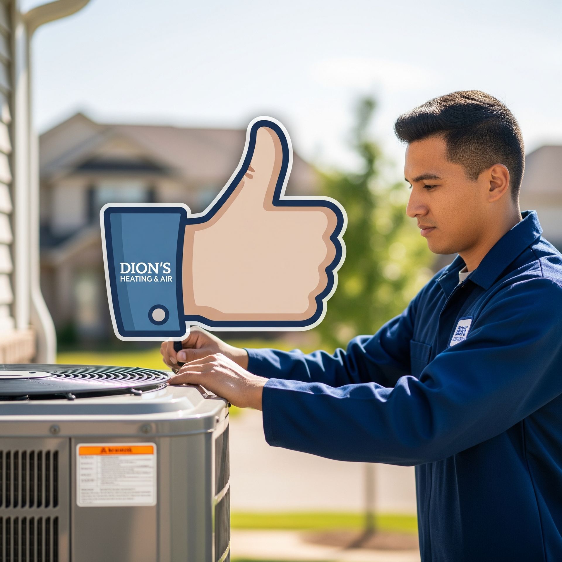 A man is working on an air conditioner with a facebook thumbs up sign behind him
