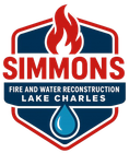 Logo for Simmons Fire and Water Reconstruction, Lake Charles: red and blue shield with flame, water droplet and company name.