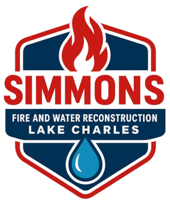Logo for Simmons Fire and Water Reconstruction, Lake Charles red and blue shield with flame, water droplet, and company name.