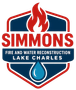 Logo for Simmons Fire and Water Reconstruction, Lake Charles red and blue shield with flame, water droplet, and company name.