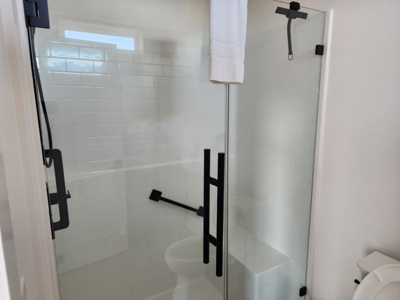 A bathroom with a walk in shower and a toilet.